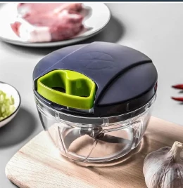 PICADORA MANUAL DE ALIMENTOS CON 3 CUCHILLAS Y BATIDORA DE PLASTICO Y METAL