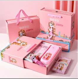 CAJA DE REGALO CON UTILES PARA EL DIA DEL NIÑO COLOR ROSADO Y AZUL